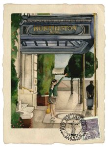 Carte postale dessinée d'une femme devant le Huntington Hotel.